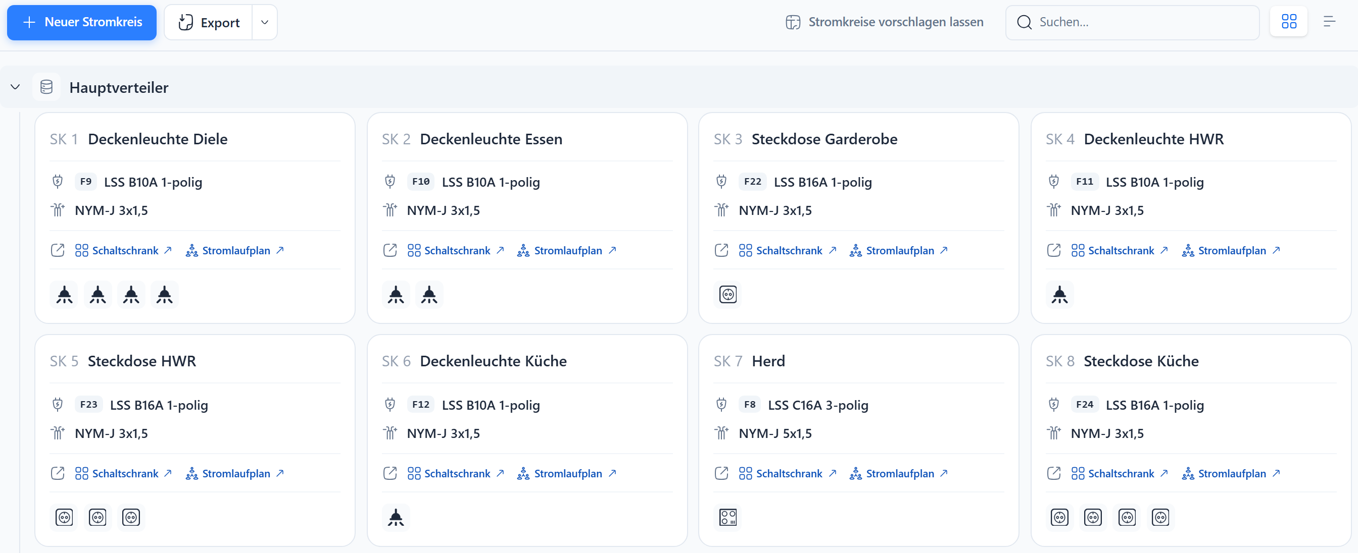 Stroomkringen, stroomschema met KNX en zeer lage spanning, schakelkast in 3D