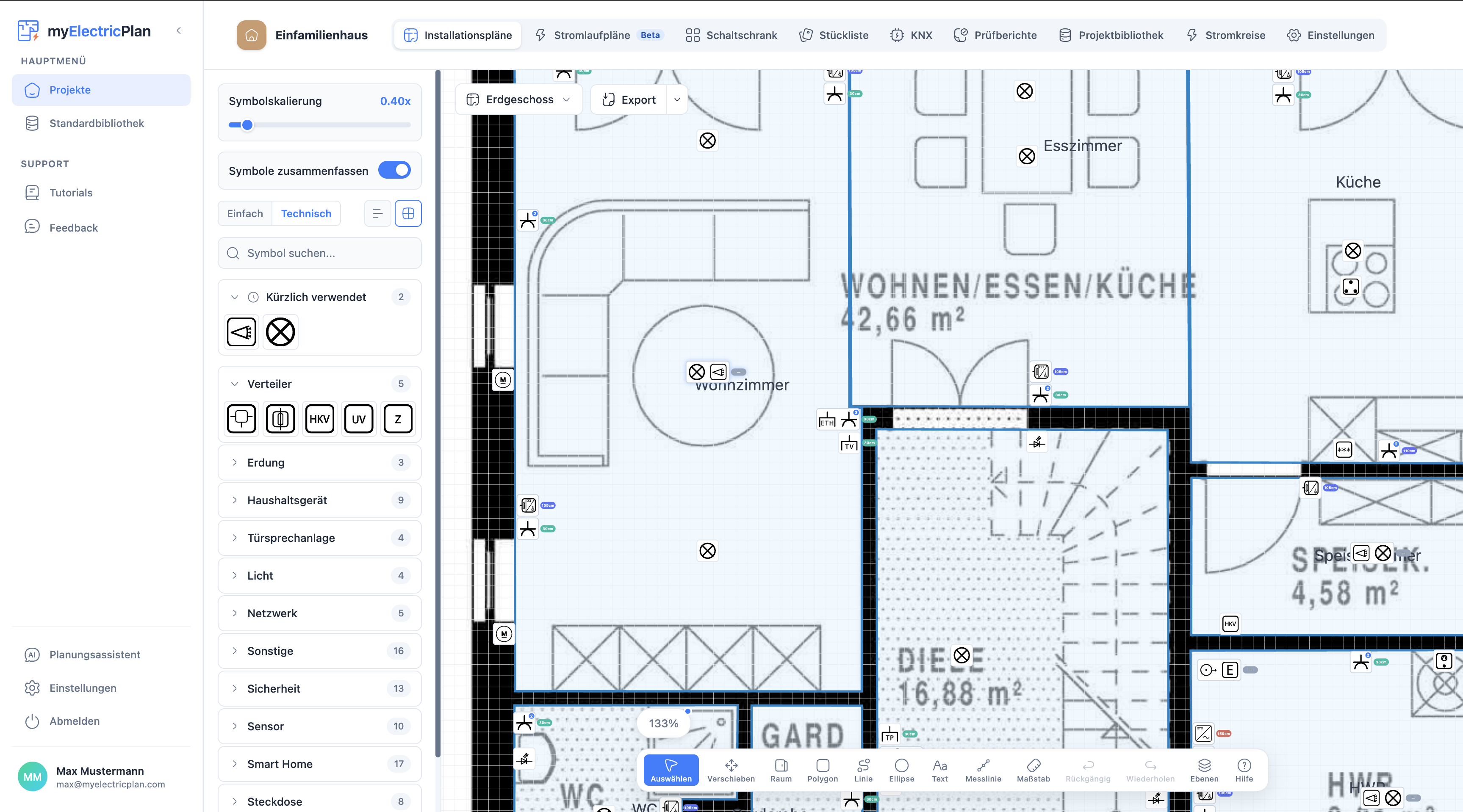 Symbolbibliothek und Grundriss-Canvas im Editor