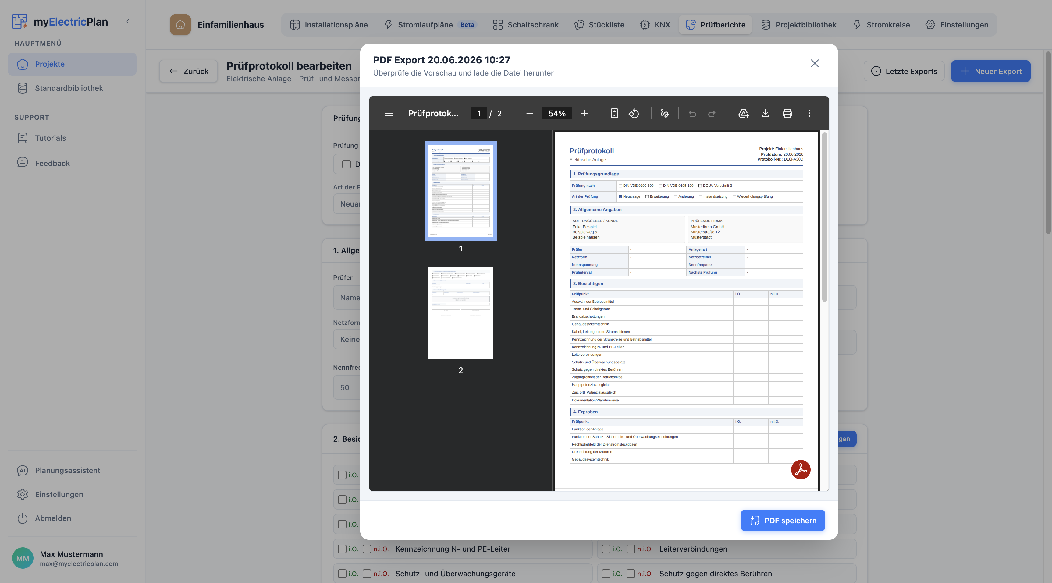 Druckfertiges Prüfprotokoll als PDF mit Deckblatt