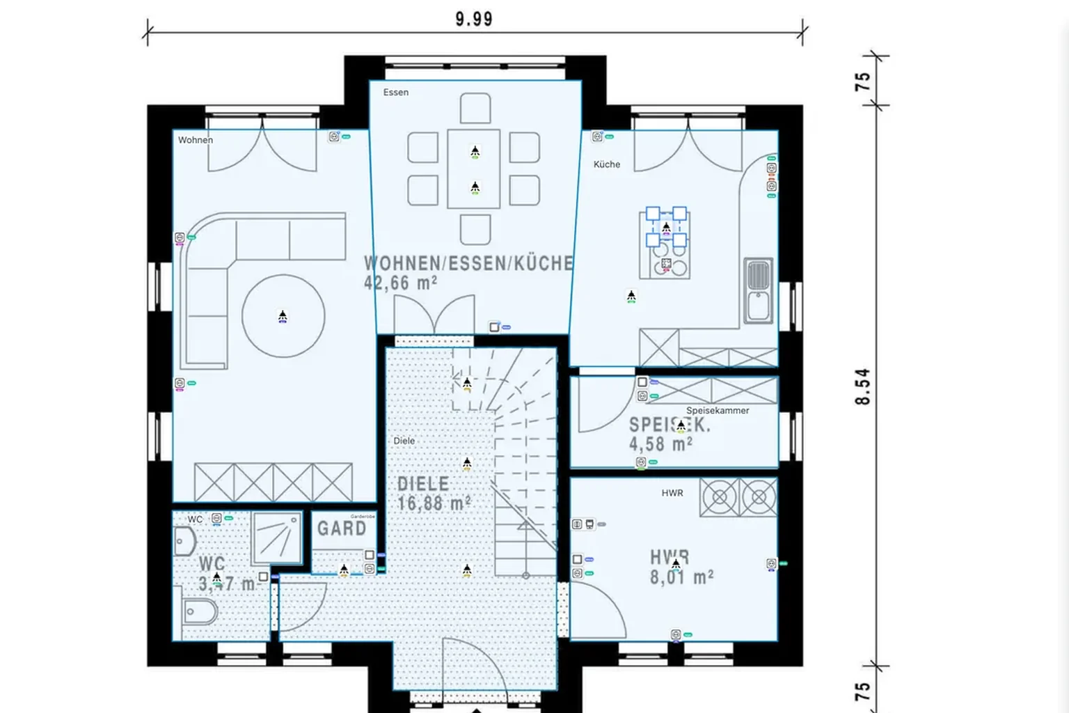 Grundriss im Installationsplan-Editor mit geplanten Steckdosen und Leuchten in jedem Raum
